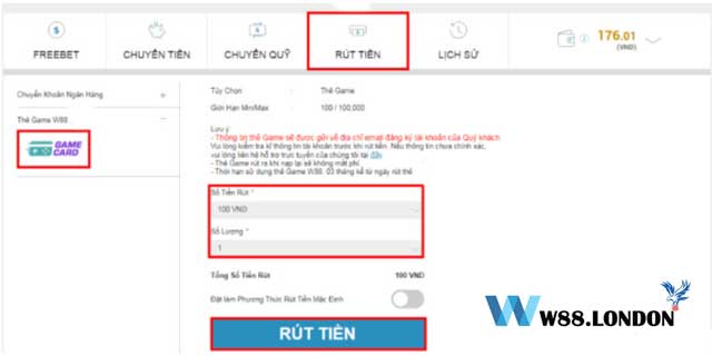 Thực hiện rút tiền W88 qua thẻ game